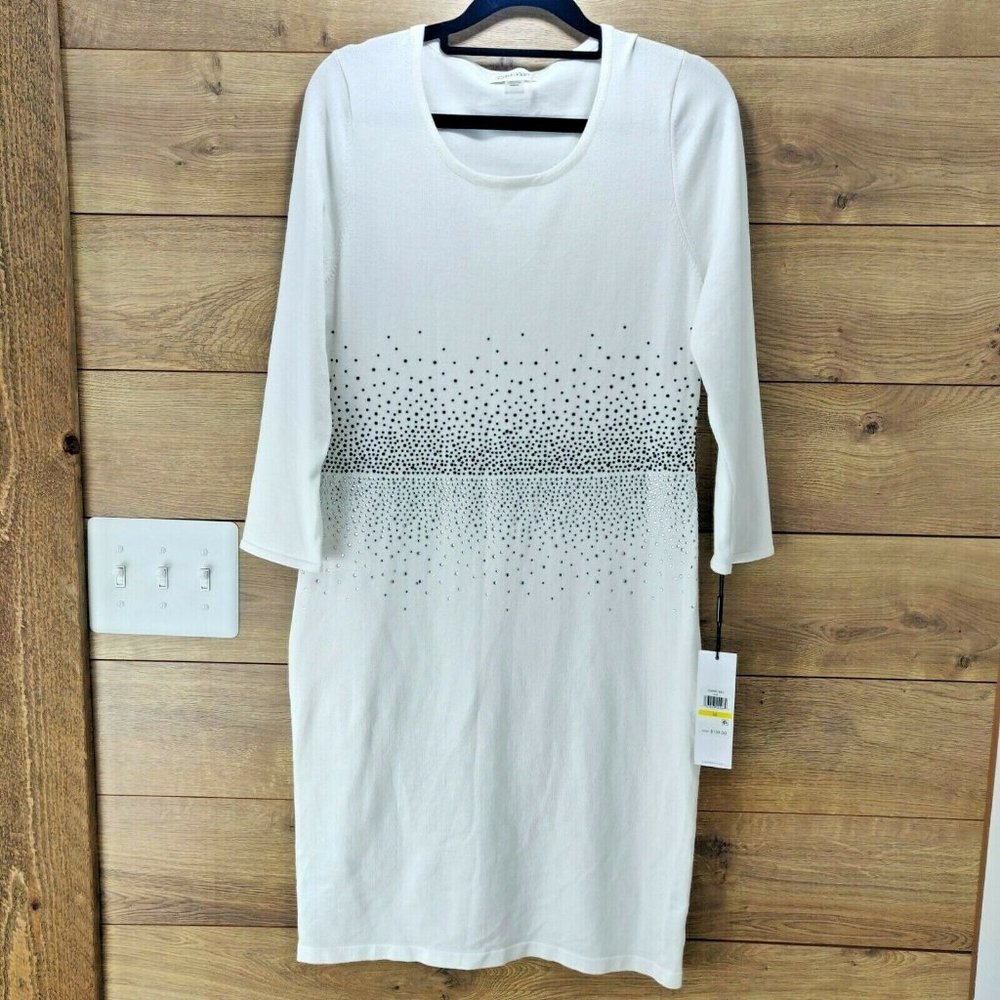 NWT$139 Calvin Klein Size M 3/4 Sleeve Rhinestone Detail Sheath White Dress